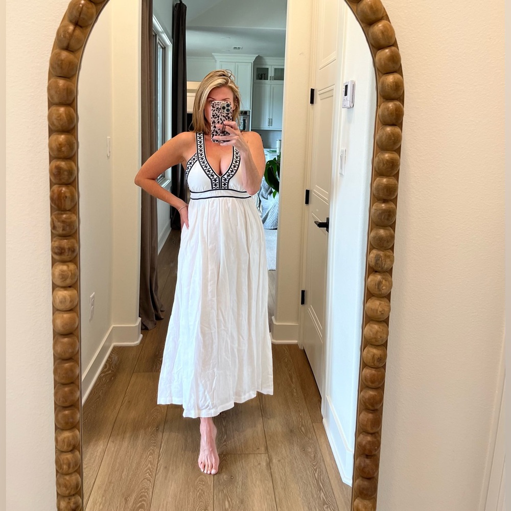 J. Crew White Linen Midi Dress with Navy embroidery
